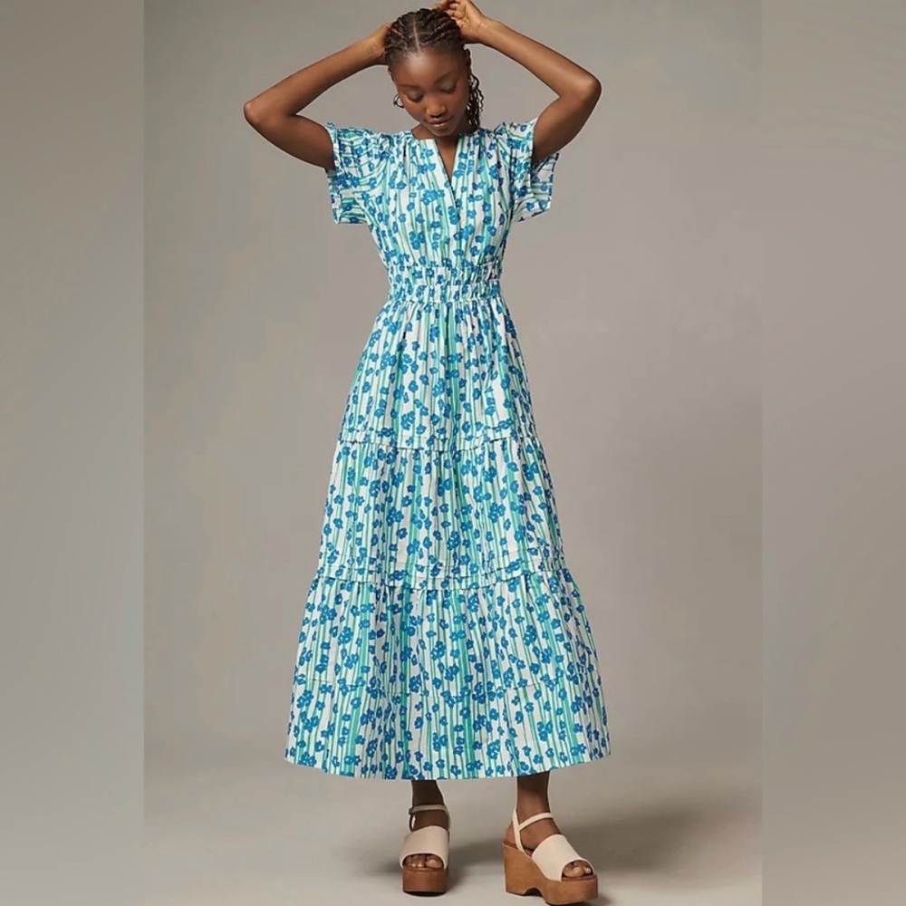 Anthropologie Somerset Maxi Dress In Green Stripe Blue Floral Sz L Pockets 66170